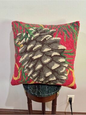 Festive Pinecone Hooked Accent Pillow - Red, Green & Gray